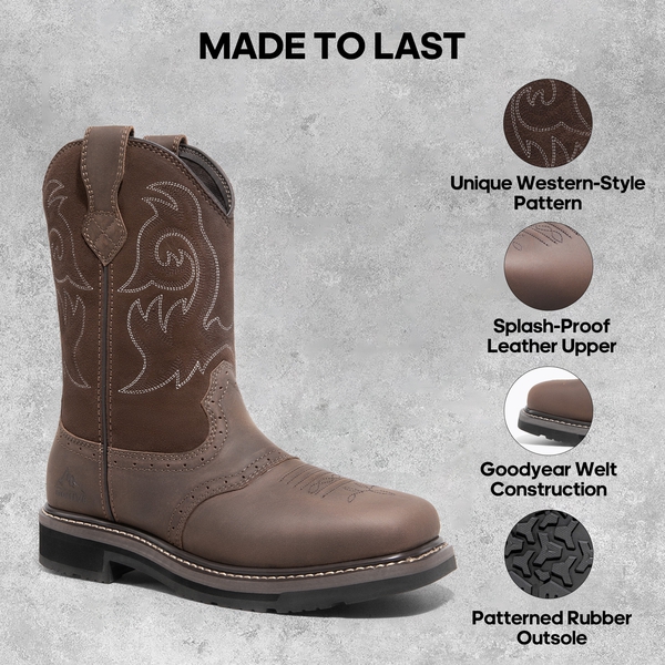  Men's Western-styled Steel-toe Work Boots - DARK BROWN - 2