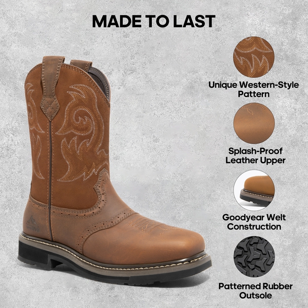  Men's Western-styled Steel-toe Work Boots - LIGHT BROWN - 2
