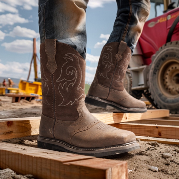  Men's Western-styled Steel-toe Work Boots - DARK BROWN - 6
