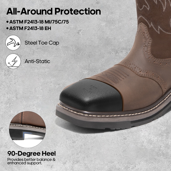  Men's Western-styled Steel-toe Work Boots - DARK BROWN - 1