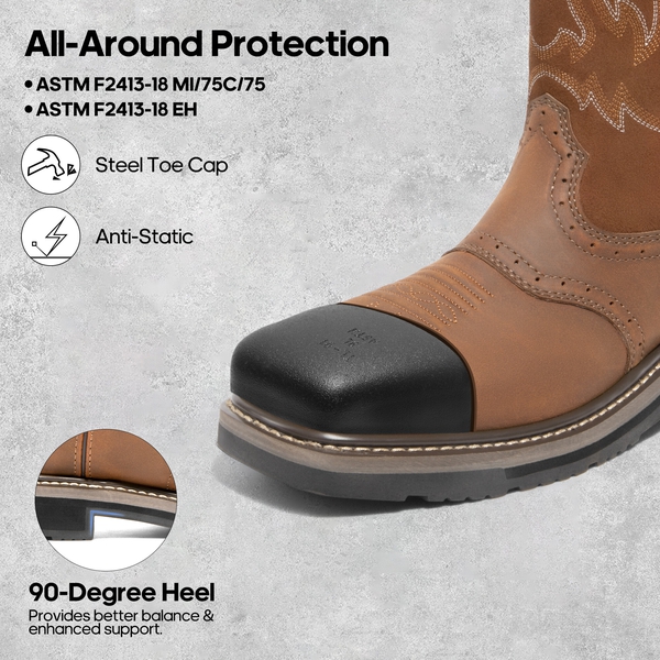  Men's Western-styled Steel-toe Work Boots - LIGHT BROWN - 1