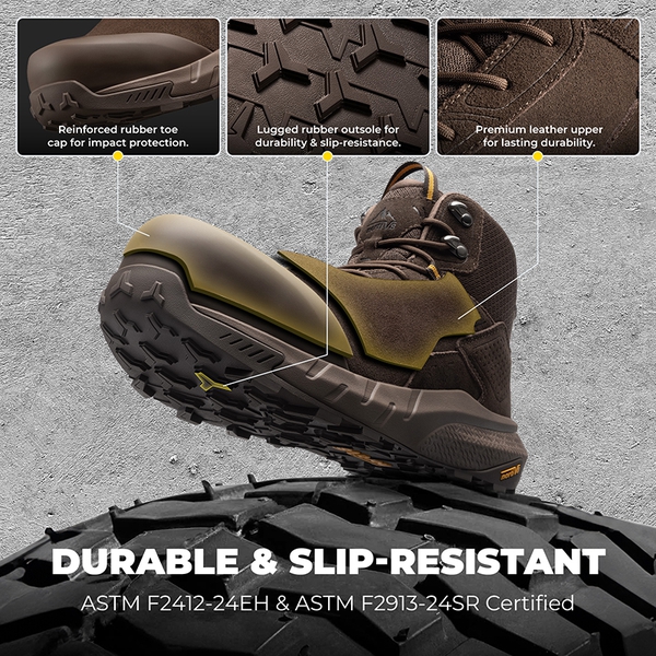 Men's Lightweight Non-Slip Nano Toe Cap Work Boots - ALL BROWN - 6