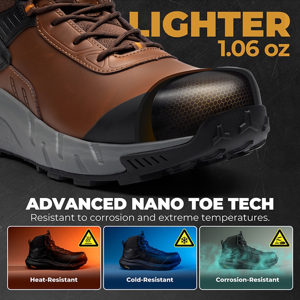 Men's Lightweight Non-Slip Nano Toe Cap Work Boots - BROWN - 4