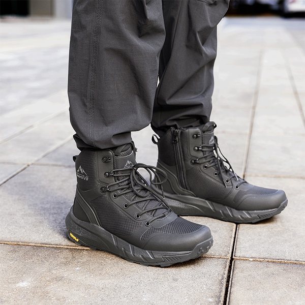 Men's Lightweight Textile Zip Military Boots【Wide Fit】 - BLACK - 11