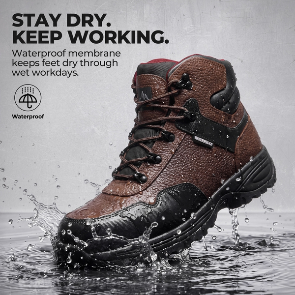 Men's Steel Toe Waterproof Leather Work Boots - BROWN/BLACK - 3