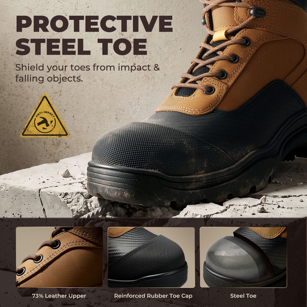 Men's Full Grain Leather Steel Toe Waterproof Work Boots - BROWN - 4