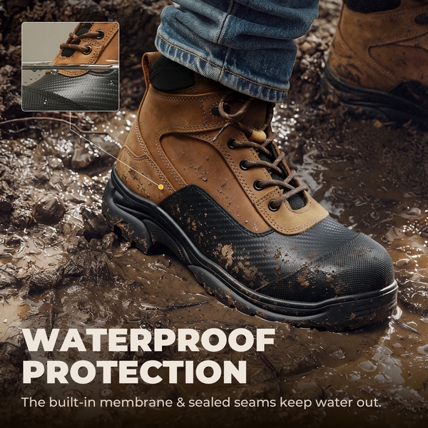 Men's Full Grain Leather Steel Toe Waterproof Work Boots - BROWN - 5