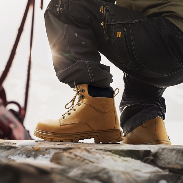 Men's Water-Resistant Steel Toe Leather Work Boots - YELLOW - 8
