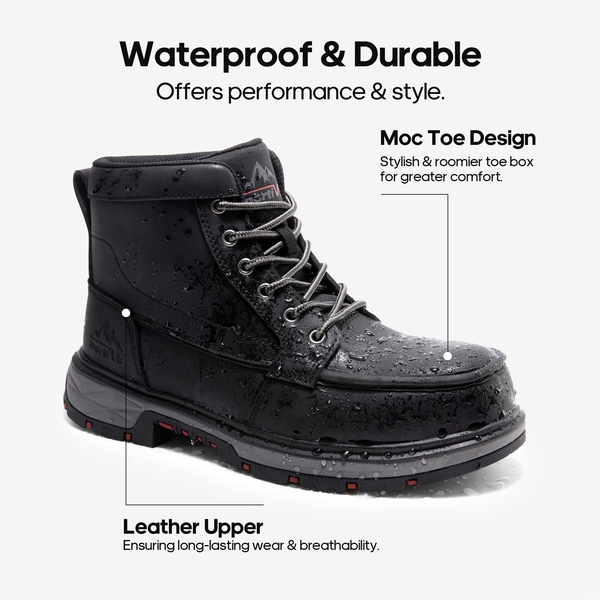 Men's Waterproof Leather Steel Toe Work Boots - BLACK - 4